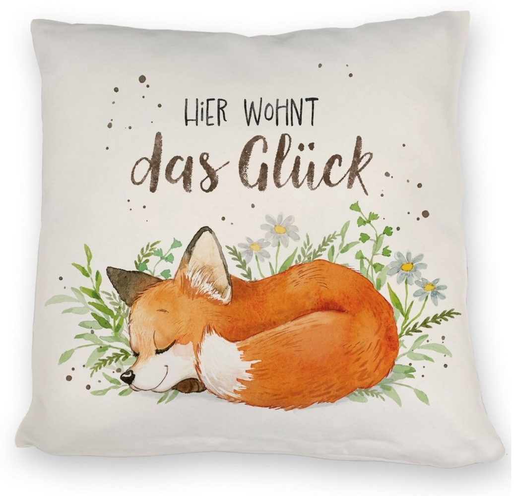 speecheese Dekokissen Hier wohnt das Glück Kissen mit Fuchs im Aquarell-Stil Bild 1