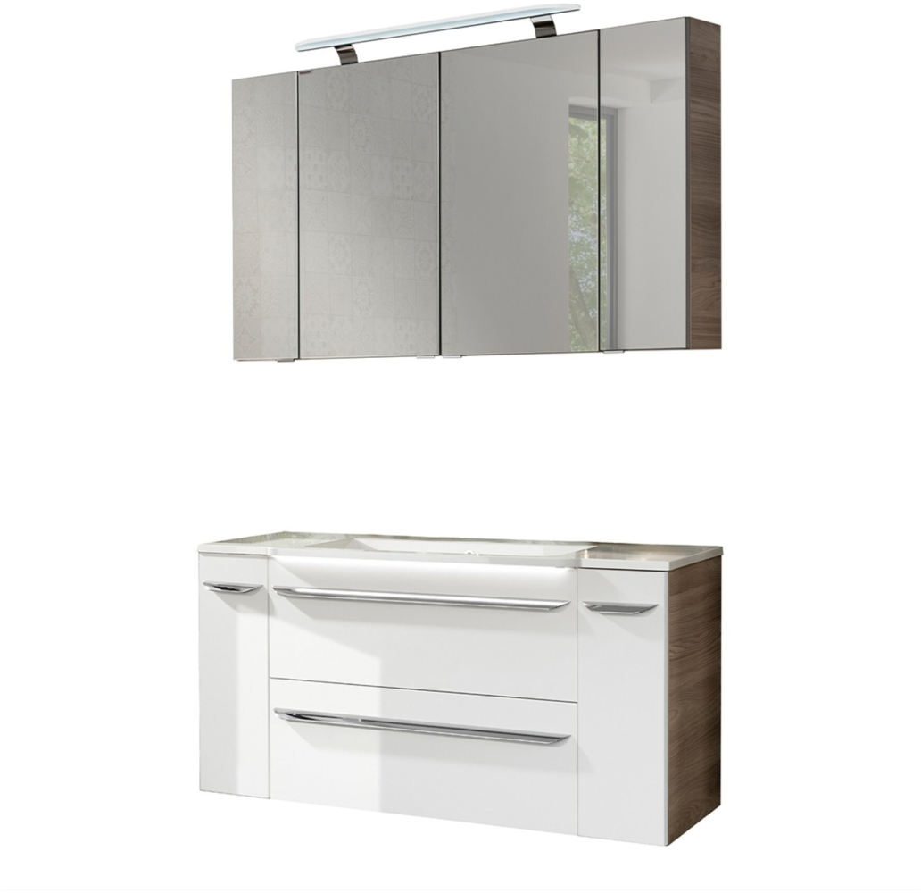 Fackelmann LUXOR Badmöbel Set 7-teilig 120 cm, Braun/Weiß + LED-Spiegelschrank + Schränke verspiegelt + Unterschränke Bild 1