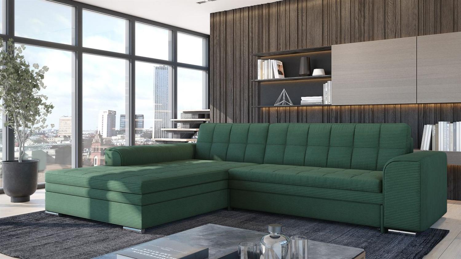 Ecksofa Sofa SARRA mit Schlaffunktion Stoff Lincoln Flaschengrün Ottomane Links Bild 1