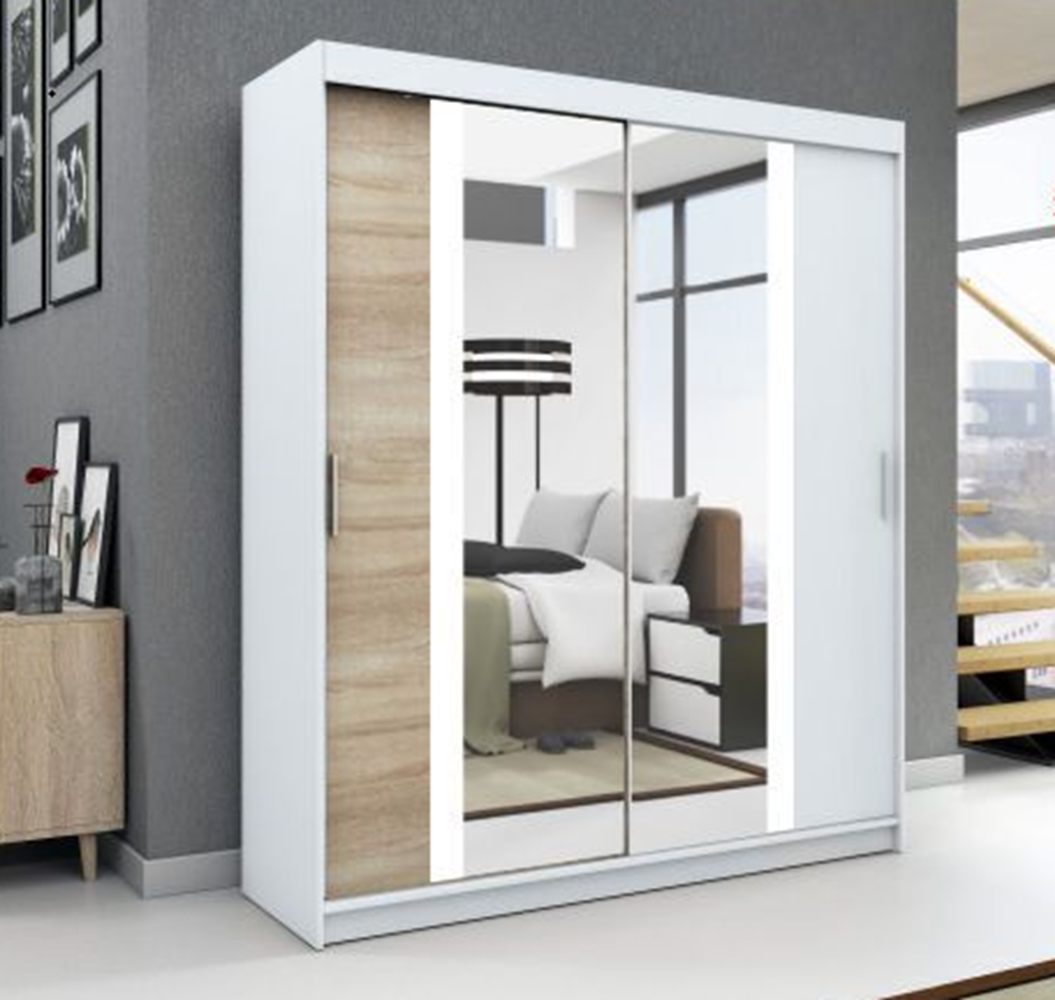 Schwebetrenschrank BRUNI 2-trig Schrank 160 cm (mit Spiegel) Farbe: Wei , sonoma Bild 1