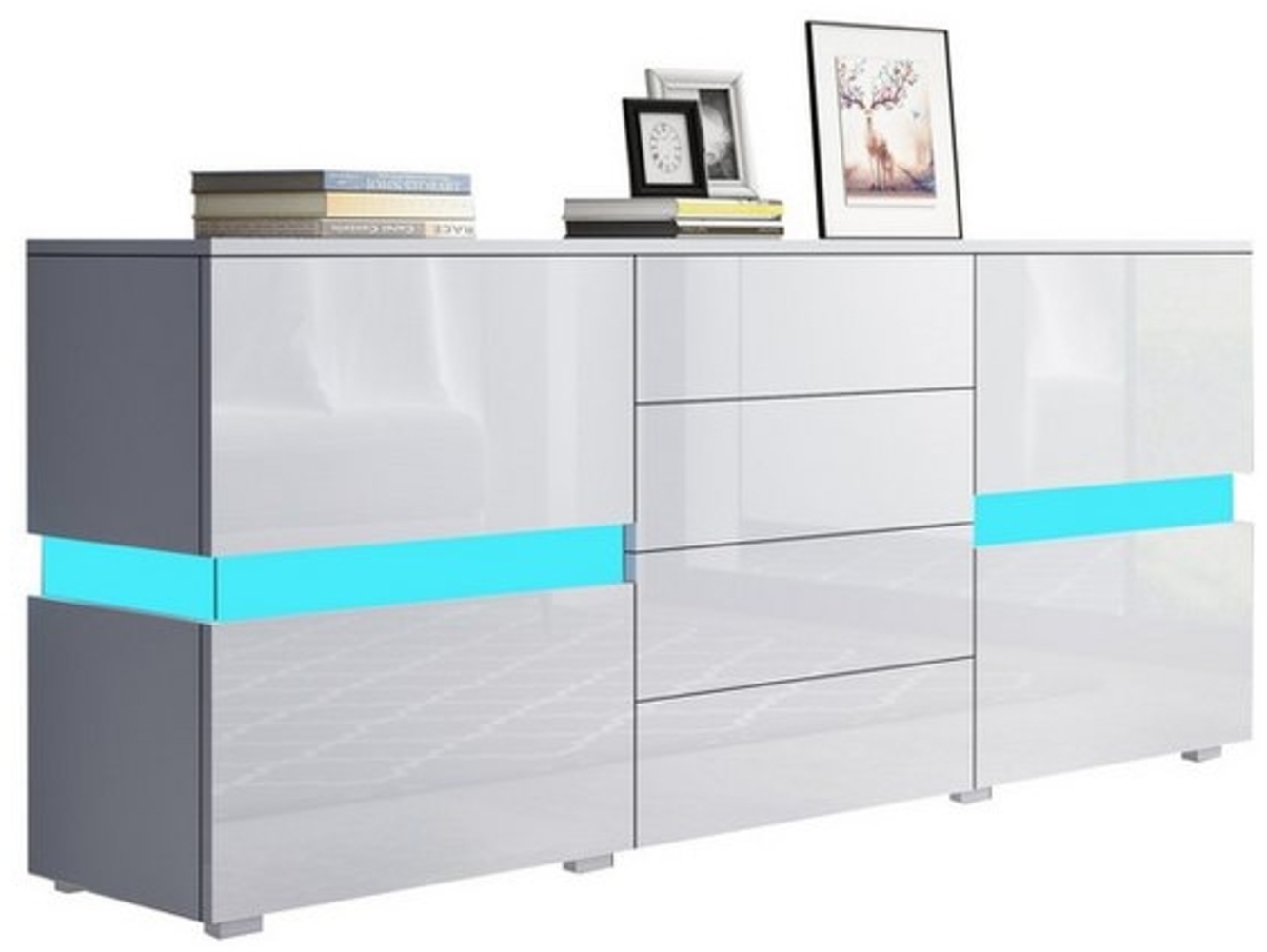 BESTWANTED Sideboard Hochglanz-Anrichte mit LED-Beleuchtung, 2 Türen, 4 Schubladen (1 St), Mit 16 LED-Farben/4 Blitzeffekten, Drucksystem, 35 x 177 x 72 cm, weiß Bild 1