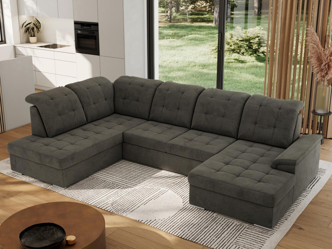 Ecksofa, Wohnzimmer U Couch, Polstersofa mit Bettkasten - MADRITO U - Dunkelgrau Velorus - Links Bild 1