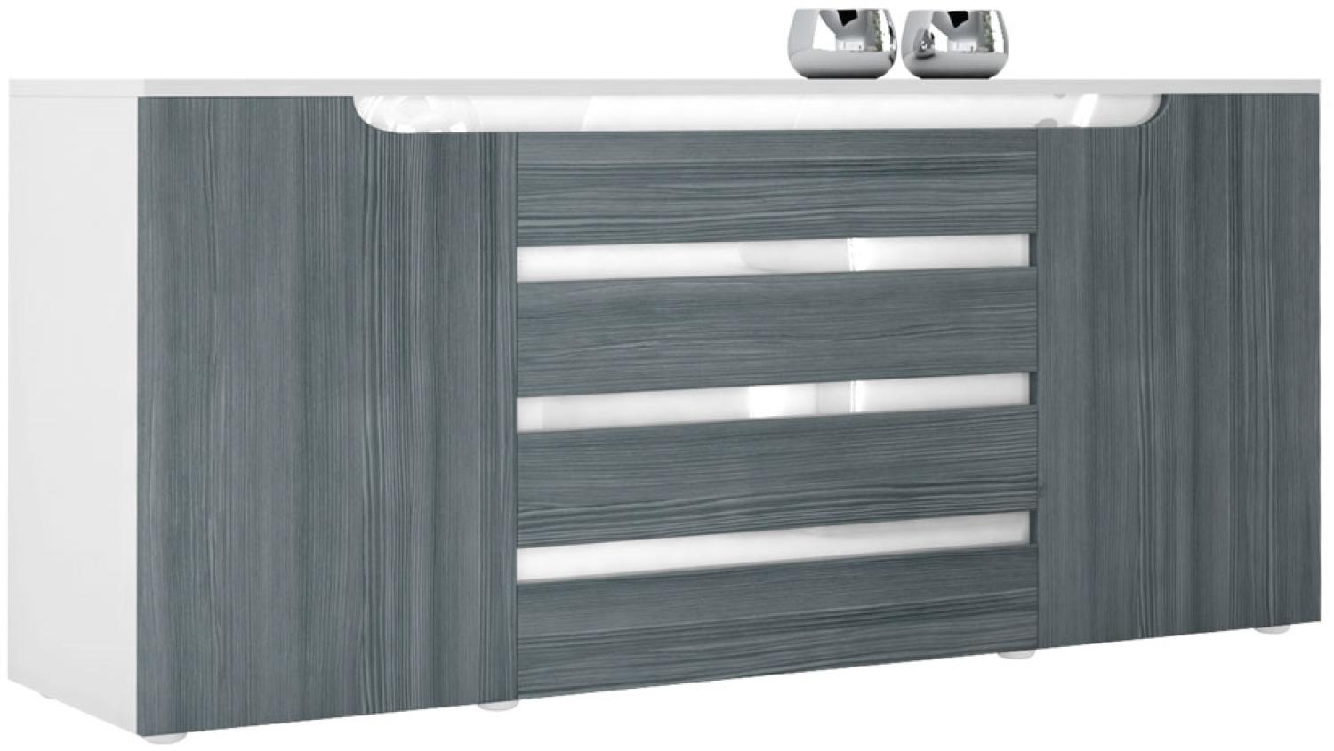 Sideboard Kommode Sylt V2, Korpus in Weiß matt / Front in Avola-Anthrazit mit Absetzungen in Weiß Hochglanz (166 x 72 x 35) Bild 1