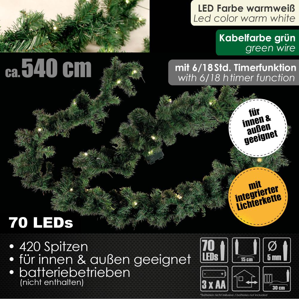 5,4m Weihnachtsgirlande für Außen & Innen 70 LED Batterie Lichterkette Deko Bild 1