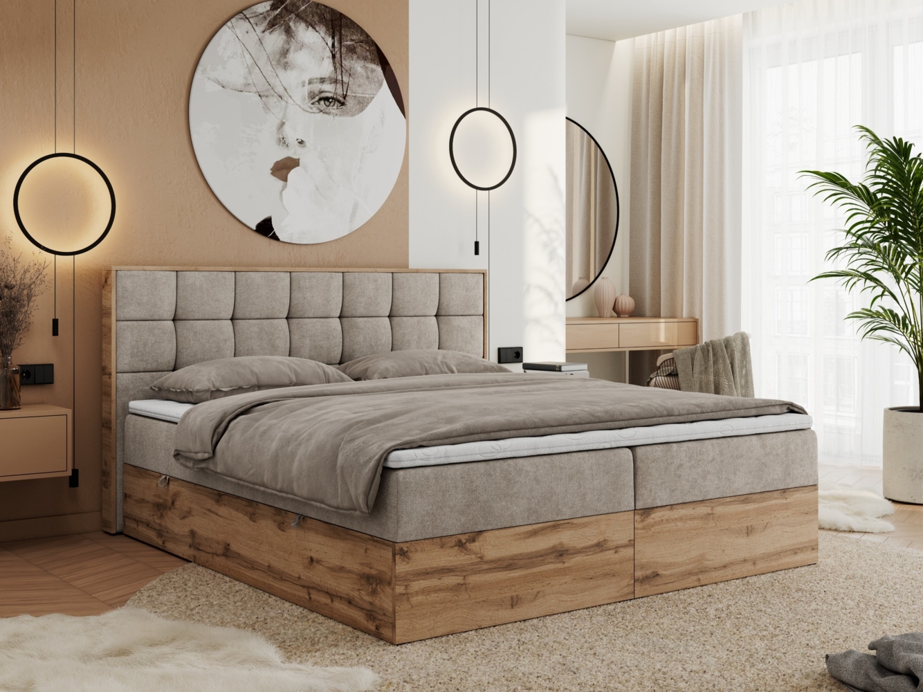 Boxspringbett mit Kopfteil und Topper, Polsterbett - ALBERO 1 - 120 x 200 cm - Beige Stoff - H3 Bild 1