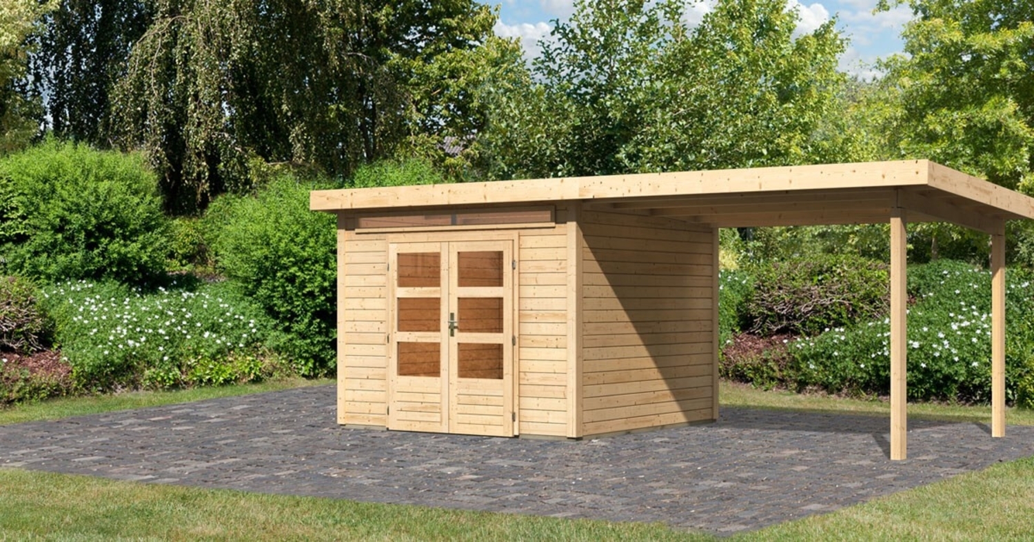 Karibu Woodfeeling Gartenhaus Kandern mit Anbaudach 3 m Breite Gartenhaus aus Holz Holzhaus mit 28 mm Wandstärke inklusive Schleppdach Blockbohlenhaus mit Montagematerial Bild 1