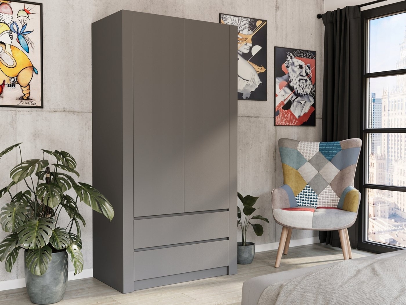 Home Collective Kleiderschrank mit 2 Türen, 3 Einlegeböden, Kleiderstange und 2 Schubkästen (Platzsparender Schrank für Schlafzimmer, Ankleidezimmer, Flur, Kinderzimmer) Anthrazit – 90 × 57 × 180 cm (LxBxH) Bild 1