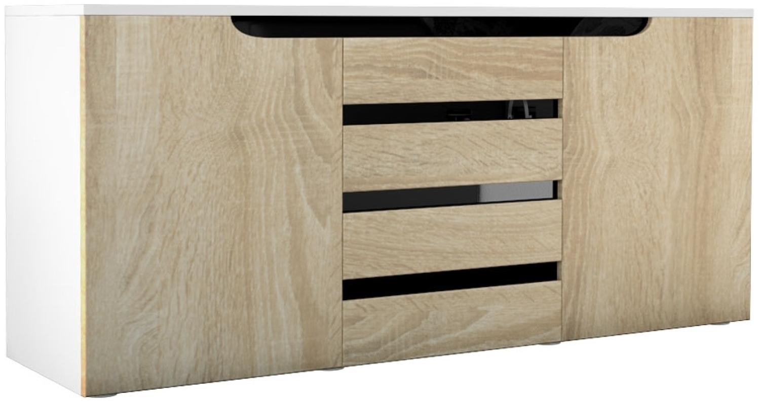 Sideboard Kommode Sylt V1, Korpus in Weiß matt / Front in Eiche sägerau mit Absetzungen in Schwarz Hochglanz (139 x 72 x 35) Bild 1