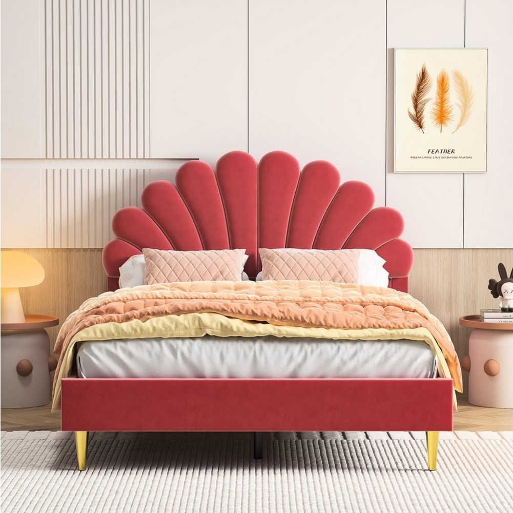 SEEZSSA Polsterbett Polsterbett Kinderbett süßes Einzelbett Mädchenbett mit Blumenform (Doppelbettrahmen-Set, Samt Material Doppelbett Jugendbett Petal Bed für Schlafzimmer), Doppelbett mit blütenförmigem Kopfteil 140x200cm, bordeauxrot Bild 1