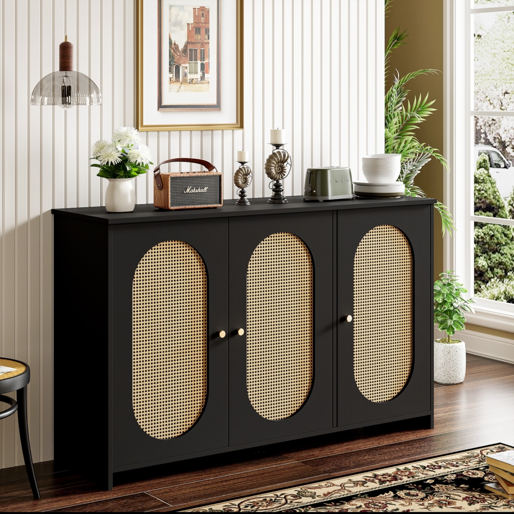 Merax Moderner stilvoller Sideboard mit 3 Türen, großem Stauraum, künstlichen Rattantüren und Metallgriffen, Akzentmöbel für Esszimmer, Wohnzimmer und Küche (Schwarz) Bild 1