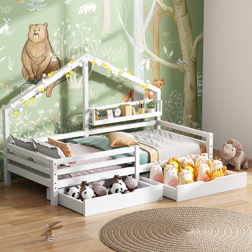 Merax Bett Massivholz Einzelbett Hausbett mit Ablageregal 90x200cm mit zwei Schubladen, Weiß Bild 1