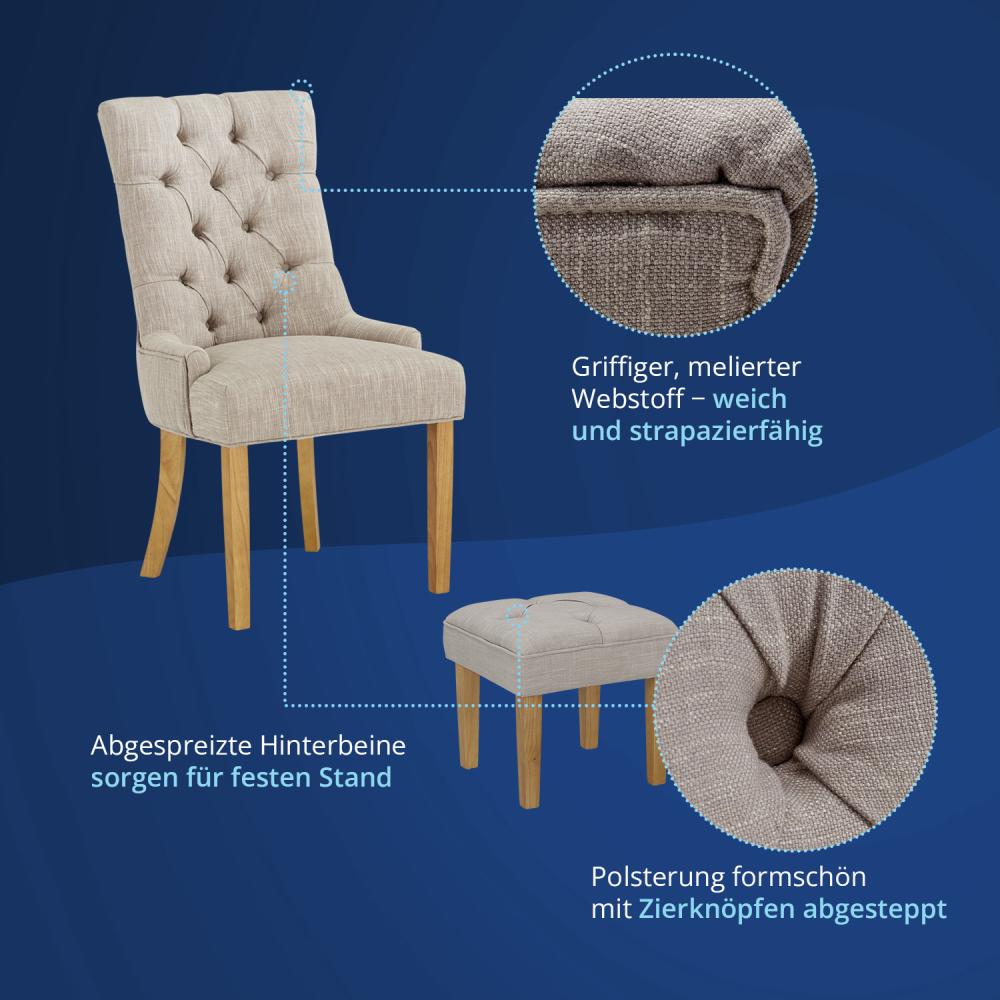 KHG Esszimmerstuhl Relax-Sessel grau Webstoff mit Hocker, kleine Armlehnen - Rückenlehne mit Zierknöpfen, Massivholz Stuhlbeine - Küchenstuhl, Design Stuhl Lounge Sessel Bild 1