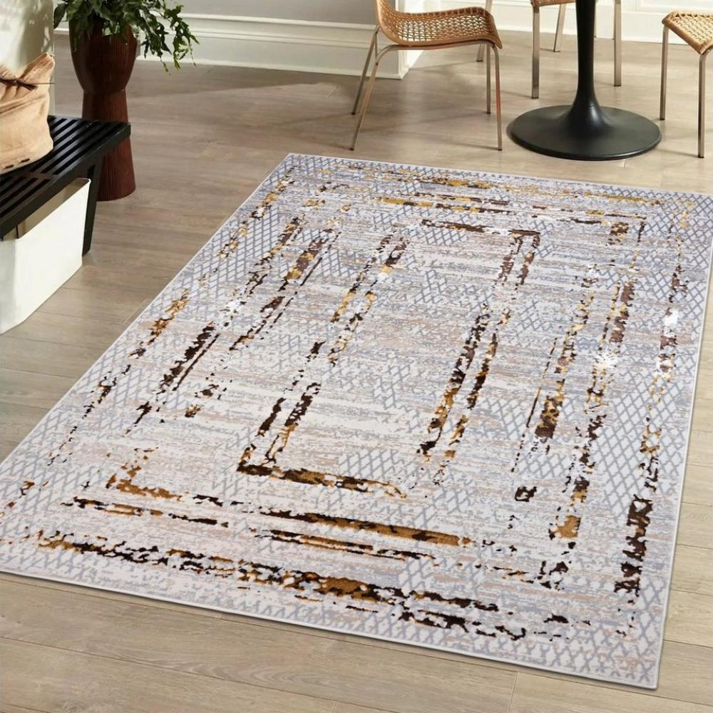 Mazovia Designteppich Modern Teppich für Wohnzimmer - Glänzende Beige Creme mit Gold, 80 x 150 cm, Glänzende Abstrakt Marmor, Höhe 10 mm, Kurzflor - niedrige Florhöhe, Weich, Pflegeleicht Bild 1