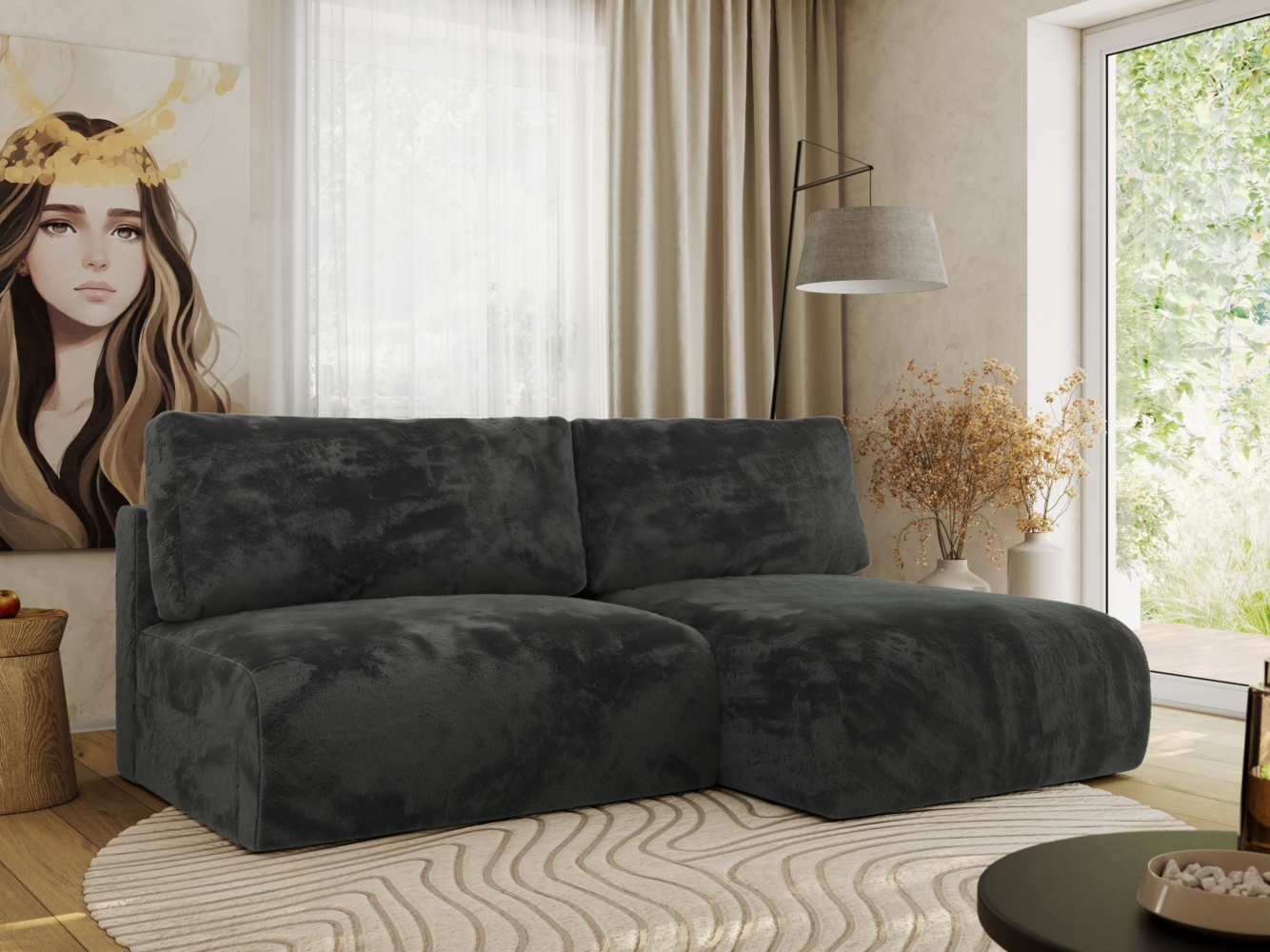 Ecksofa mit Schlaffunktion, lockere Kissen, Wohnzimmerecke mit L-förmigem und Bettkästen, Wellenfeder auf dem Sitz - VIVO - Dunkelgrau Plüschstoff - rechte Seite Bild 1