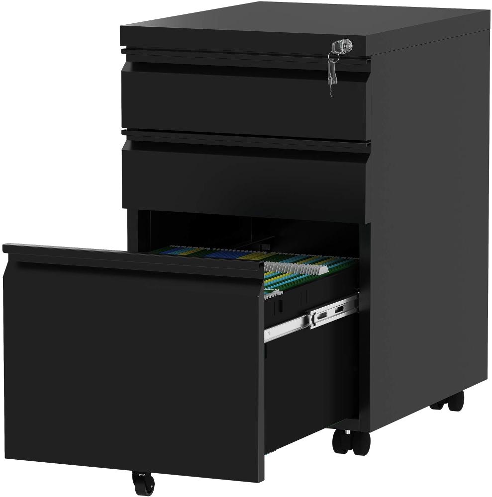 YITAHOME Mobiler Aktenschrank, Abschließbar Rollcontainer mit 3 Schubladen für A4, Legal, Letter, Metall Büroschrank mit Rollen für Home-Office, 46 x 39 x 62cm, Schwarz Bild 1