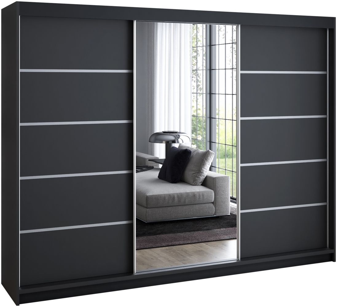 A&J MöbelLand 'Vilano' Schwebetürenschrank mit 4 Schubladen und Spiegel, Spanplatte, 215 x 59,5 x 200 cm, Schwarz / Schwarz / Schwarz / Natur Bild 1
