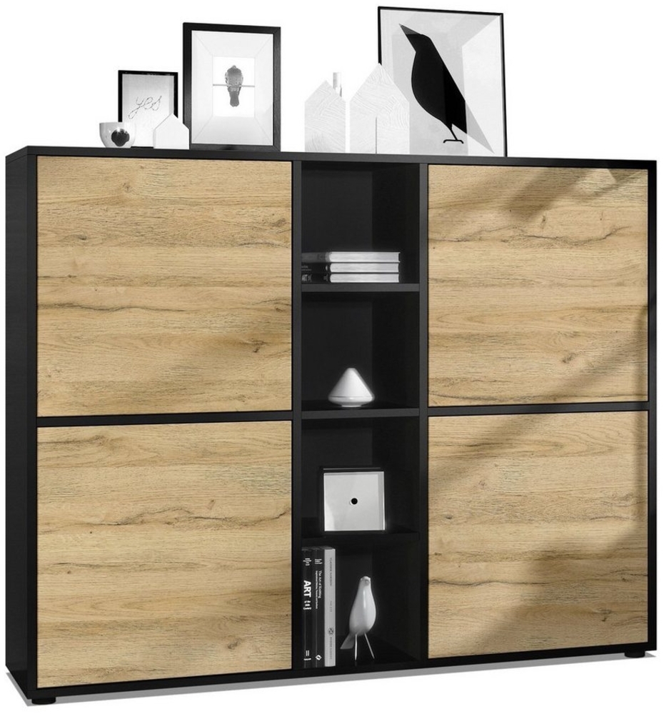 Vladon Highboard Cuba V3, Schwarz matt/Eiche Natur - Moderne Anrichte mit 12 Fächern (130,5 x 105,5 x 35,5 cm) Bild 1