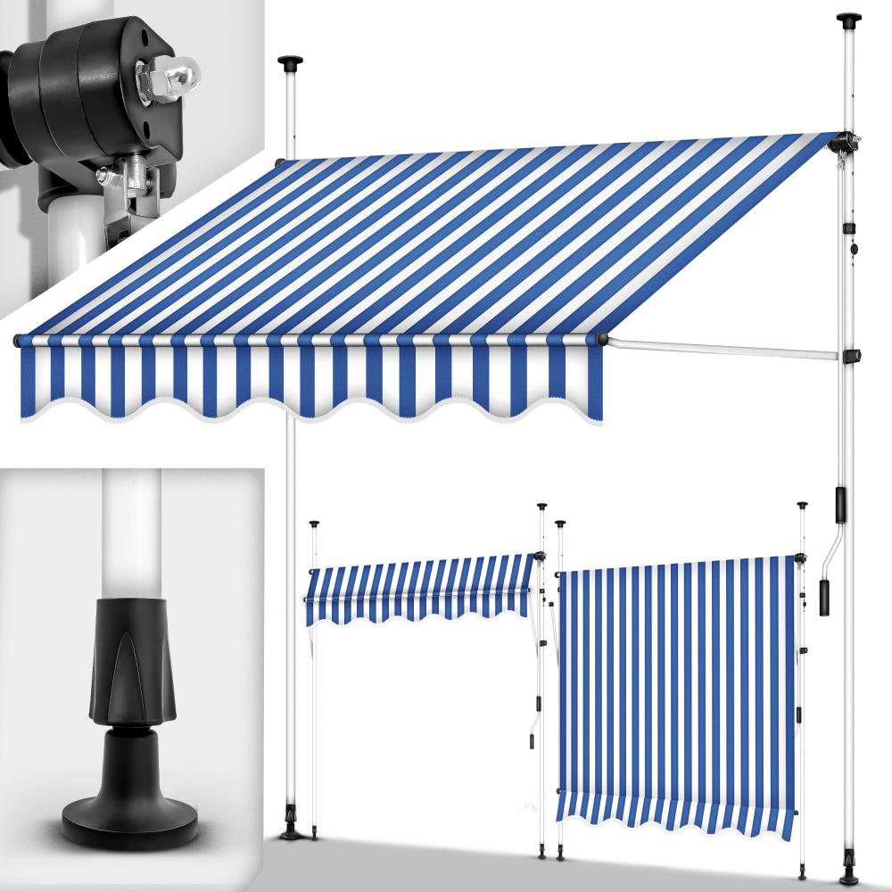 tillvex Balkonmarkise 400 cm Blau/Weiß Gelenkarm Markise Klemmmarkise Sonnenmarkise Balkon ohne Bohren Bild 1