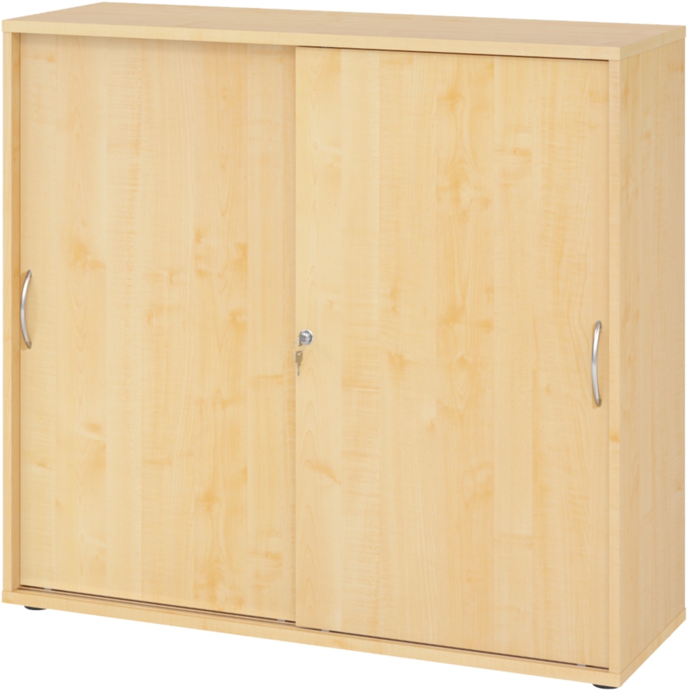 bümö Schiebetürenschrank 3OH - Aktenschrank abschließbar, Sideboard Schrank mit Schiebetüren in Ahorn, Bogengriff - Büroschrank aus Holz mit Schiebetür, Büro Kommode für Ordner & Co, 1753S-3-3-BM Bild 1