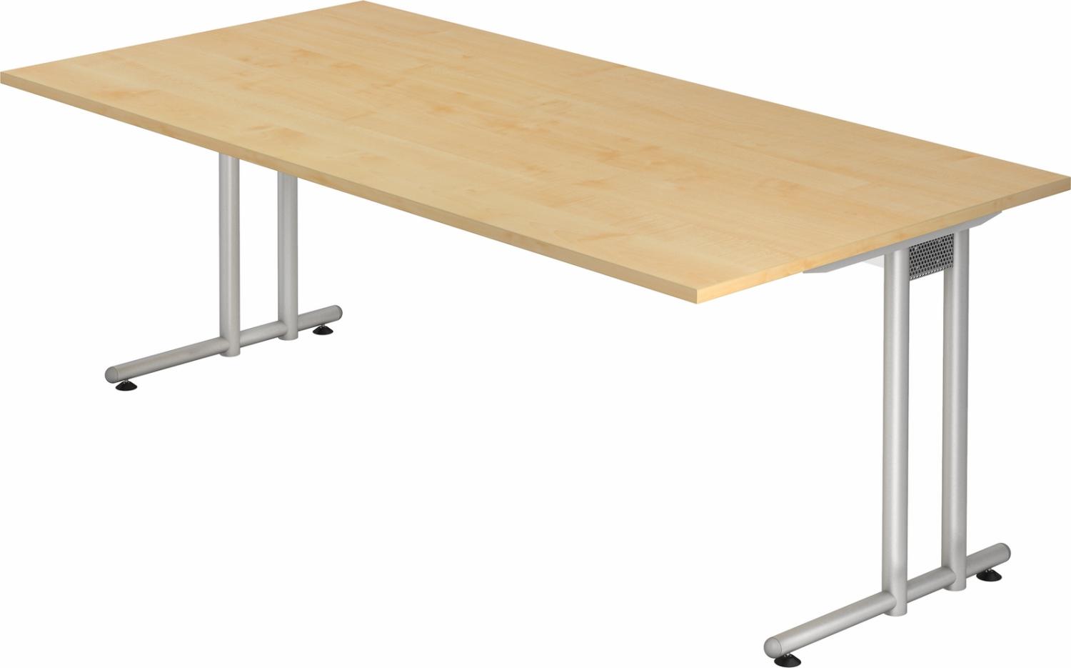 bümö Schreibtisch groß, N-Serie 200x100 cm, Tischplatte aus Holz in Ahorn, Gestell aus Metall in Silber - PC Tisch, großer Computertisch für's Büro, Office Bürotisch, NS-2E-3-S Bild 1