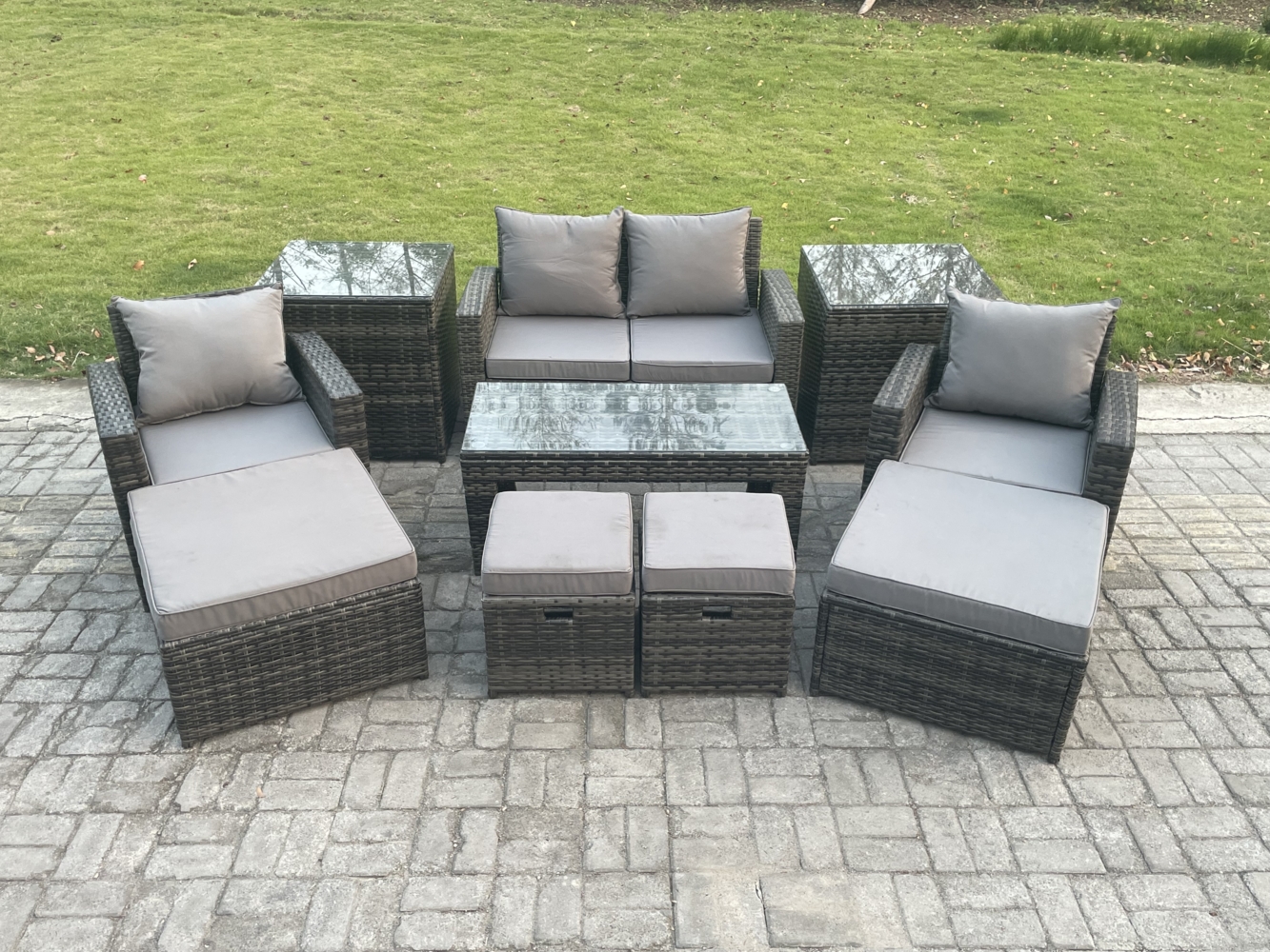 Fimous Hoher Rücken Rattan Gartenmöbel Sets mit Rechteckig Couchtisch 2 Beistelltische Stuhl 2 Großer Fußhocker 2 Kleiner Fußhocker Dunkelgrau Gemischt Bild 1