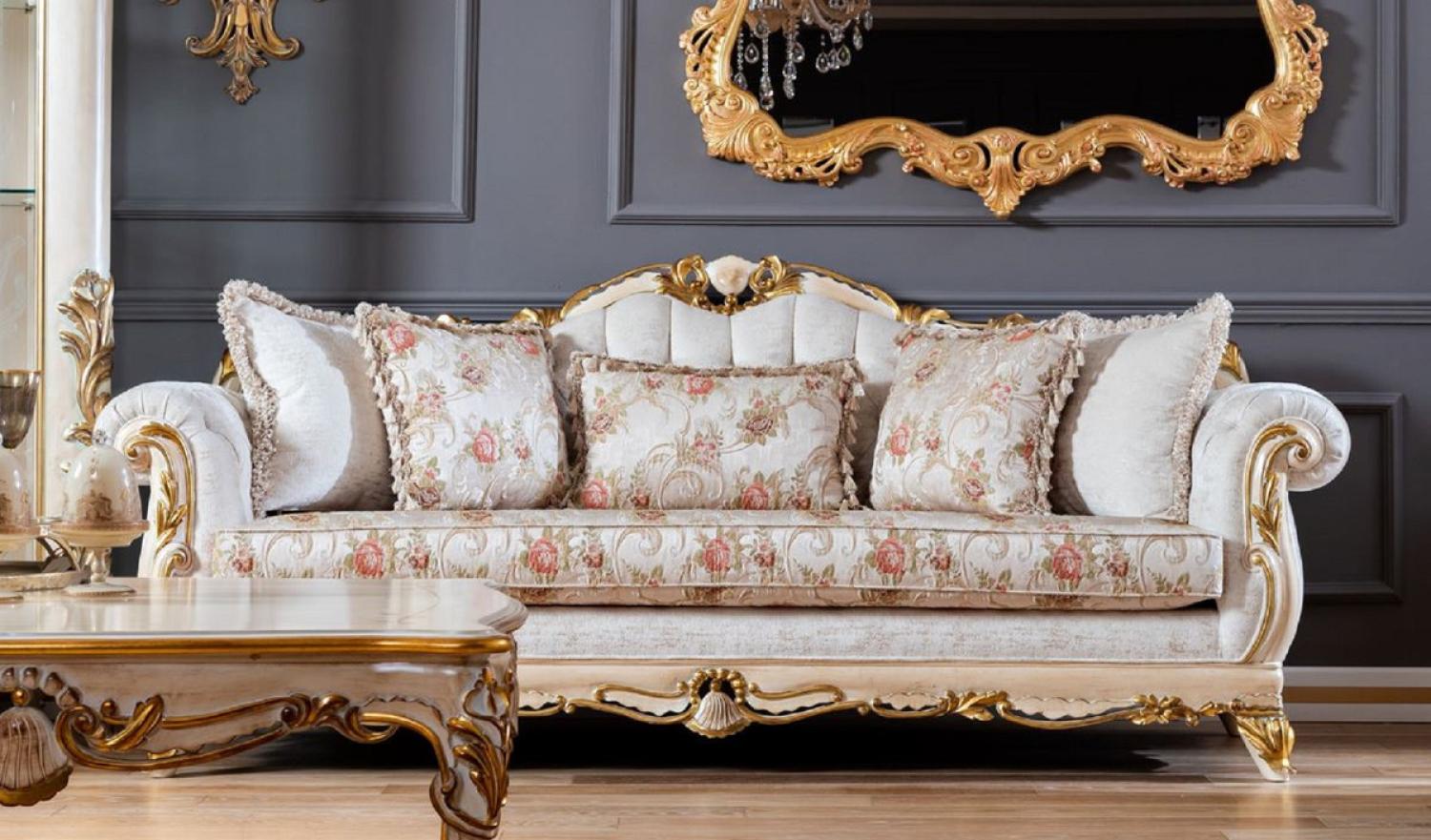 Casa Padrino Luxus Barock Sofa Weiß / Beige / Gold - Prunkvolles Wohnzimmer Sofa mit Blumenmuster - Barock Wohnzimmer Möbel Bild 1