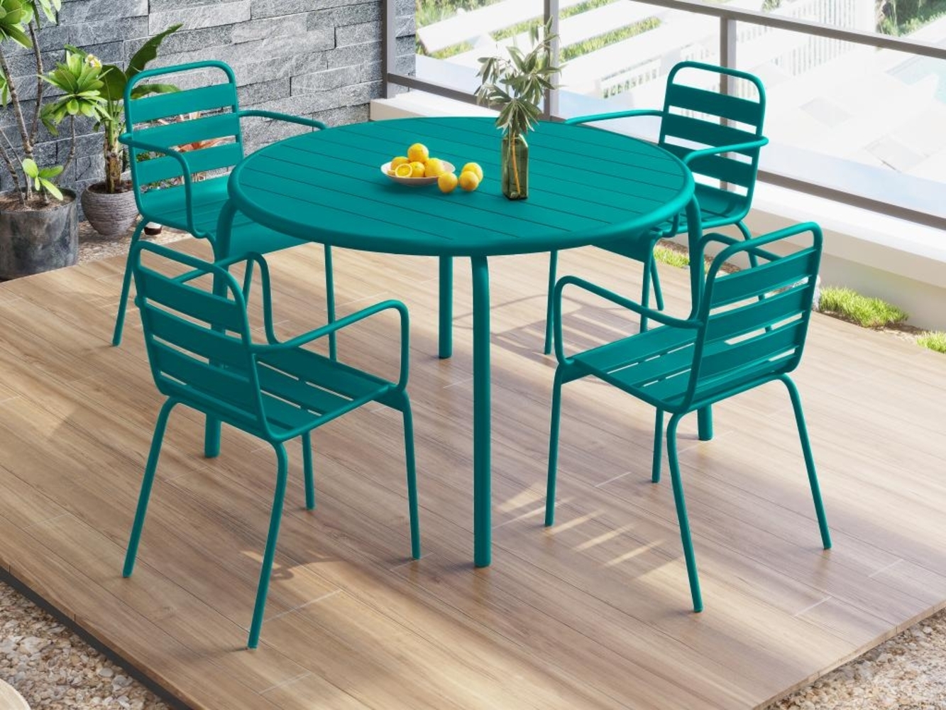 Vente-unique - Garten-Essgruppe: Tisch D. 110 cm + 4 stapelbare Sessel - Metall - Blau - MIRMANDE von MYLIA Bild 1