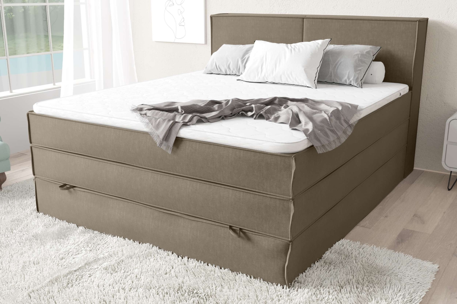 99rooms Santiago Boxspringbett Hellbraun Strukturstoff INARI 120x200 cm Bonell-Federung Bild 1