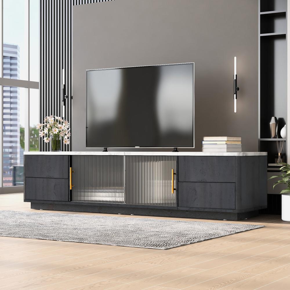 Merax 160m TV Stand für 70" TV - marmorierte Tischplatte, Kabelmanagement, Schubladen mit Push-to-Open-Funktion Grau Bild 1