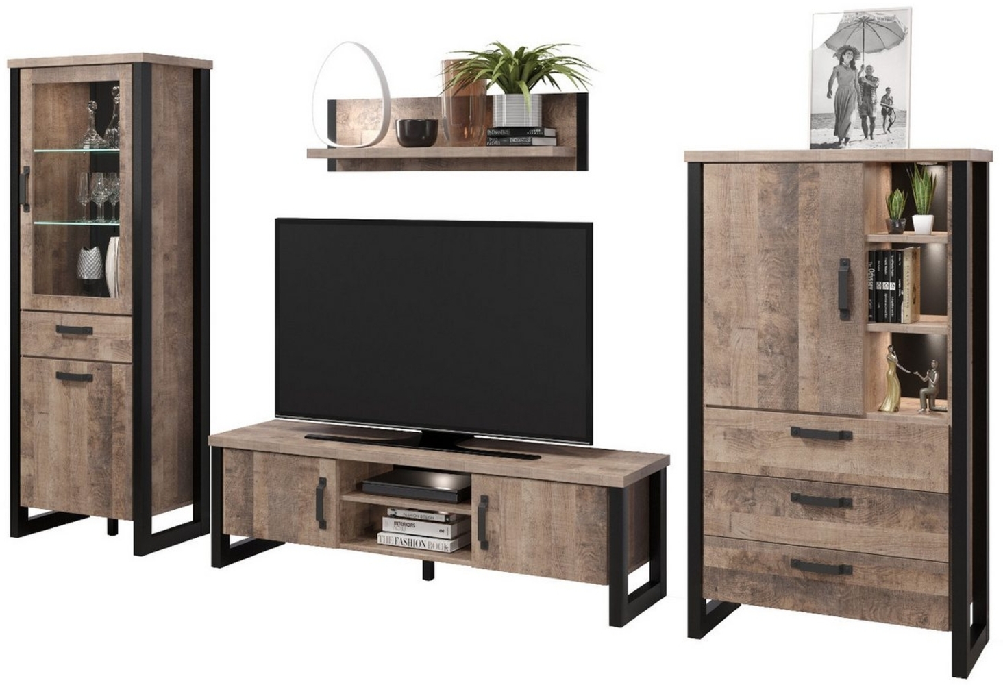 trendteam Wohnwand Emile, (Anbauwand in Eiche Tabak und schwarz, ca. 350x195 cm), mit viel Stauraum Bild 1