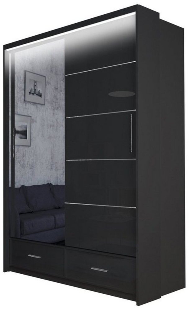 MOEBLO Kleiderschrank Cylia (Schwebetüren, grau/schwarz/weiß Schwebetürenschrank 2-türig Schrank Garderobe Schiebtüren Schlafzimmer, mit LED-Beleuchtung Kleiderschrank mit Schubladen und Spiegel) (BxHxT):153/203/253x220x66cm Bild 1