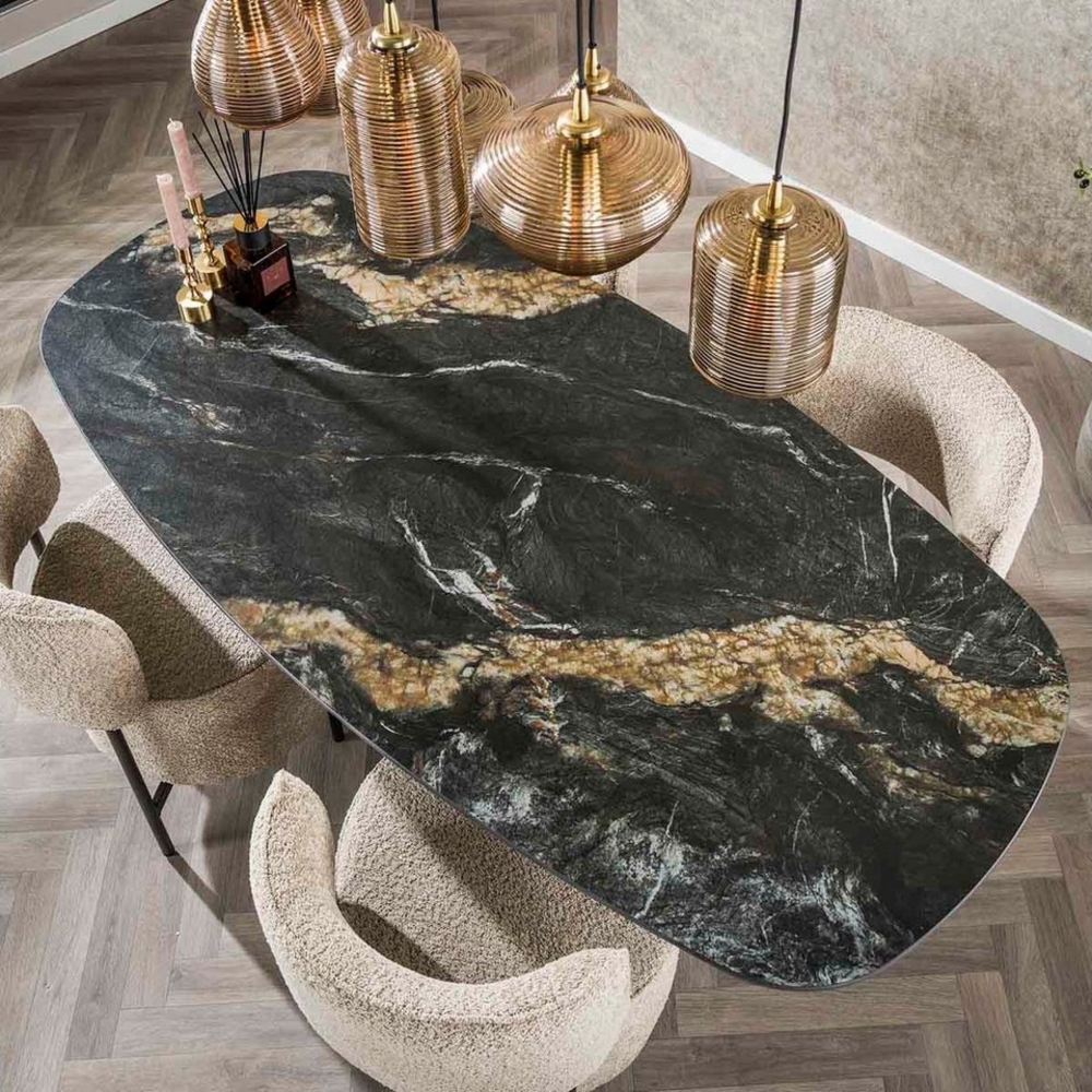 LEVEN Lifestyle Esstisch Tischplatte aus Keramik schwarz Fossil dänisch oval Esszimmertisch, 180 x 90 cm Bild 1