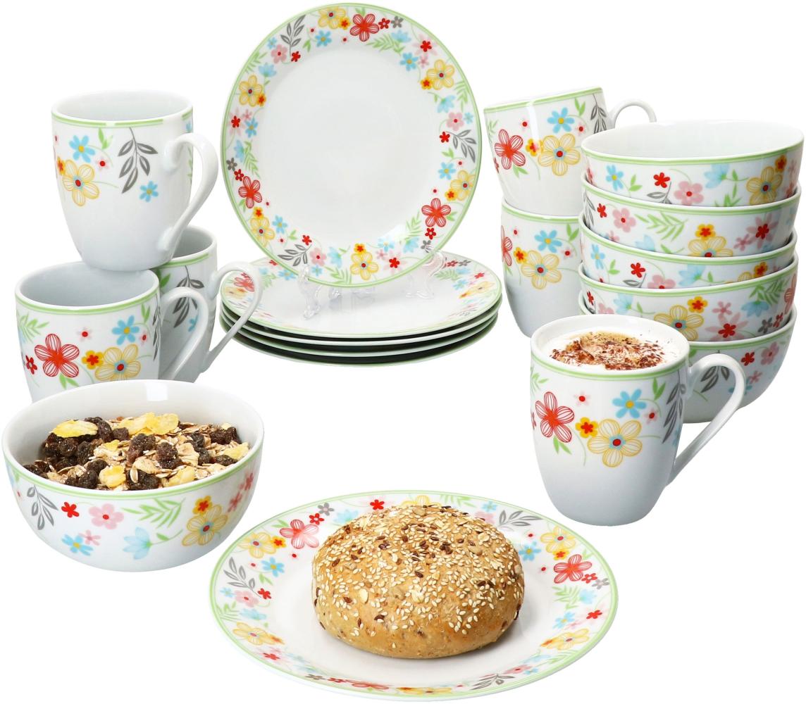 18tlg Frühstücksset Variant Blümchen Porzellan 6 Personen Teller Schale Becher Bild 1