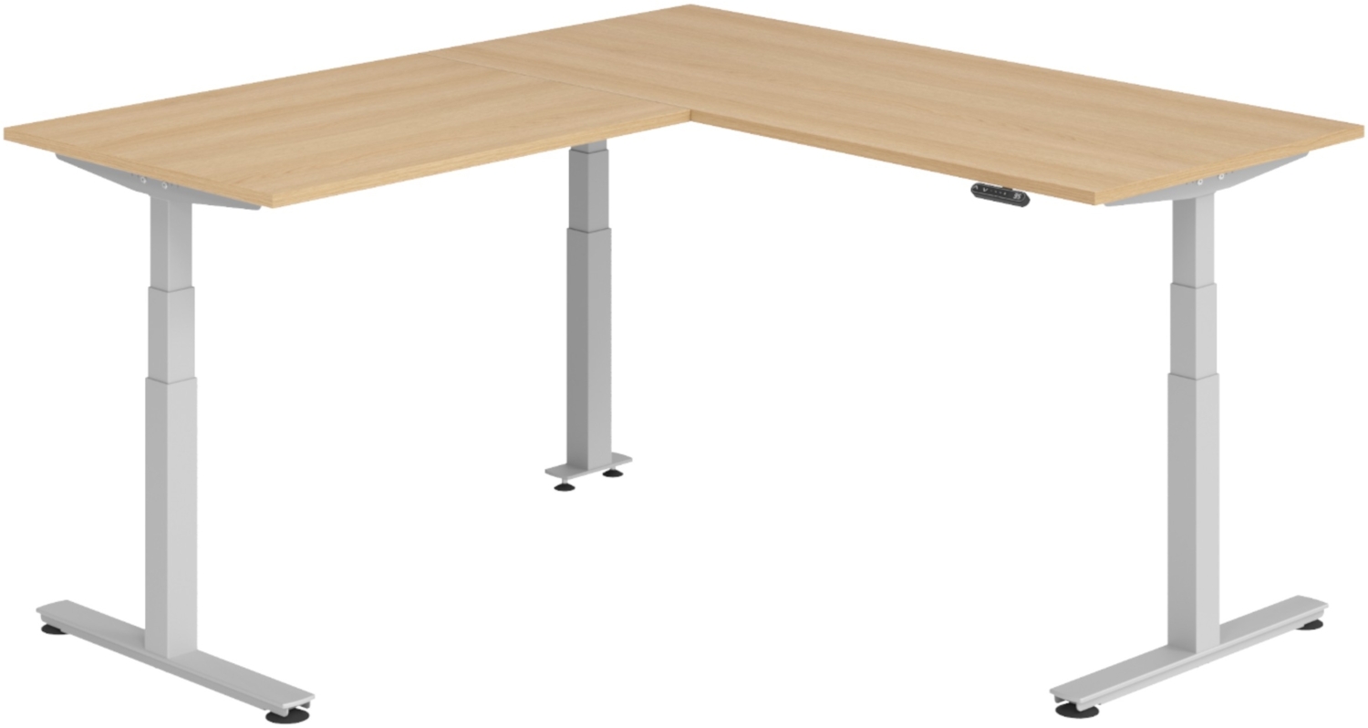 bümö Eckschreibtisch elektrisch höhenverstellbar L-Form: 180 x 200 cm in Eiche, Gestell silber - Stehschreibtisch mit Memory-Steuerung, elektrischer XXL Schreibtisch für die Ecke, XDSMW-1912-E-S Bild 1