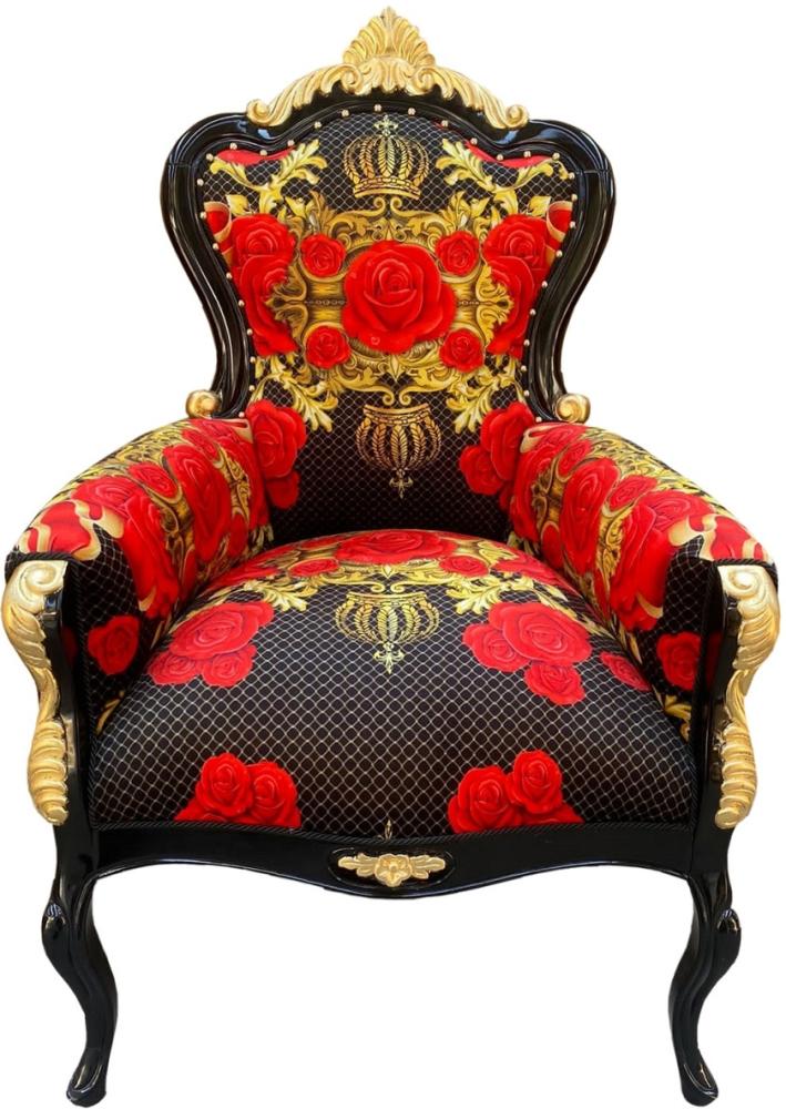 Pompöös by Casa Padrino Luxus Barock Sessel Rosen Schwarz / Rot / Gold - Pompööser Barock Sessel designed by Harald Glööckler Bild 1