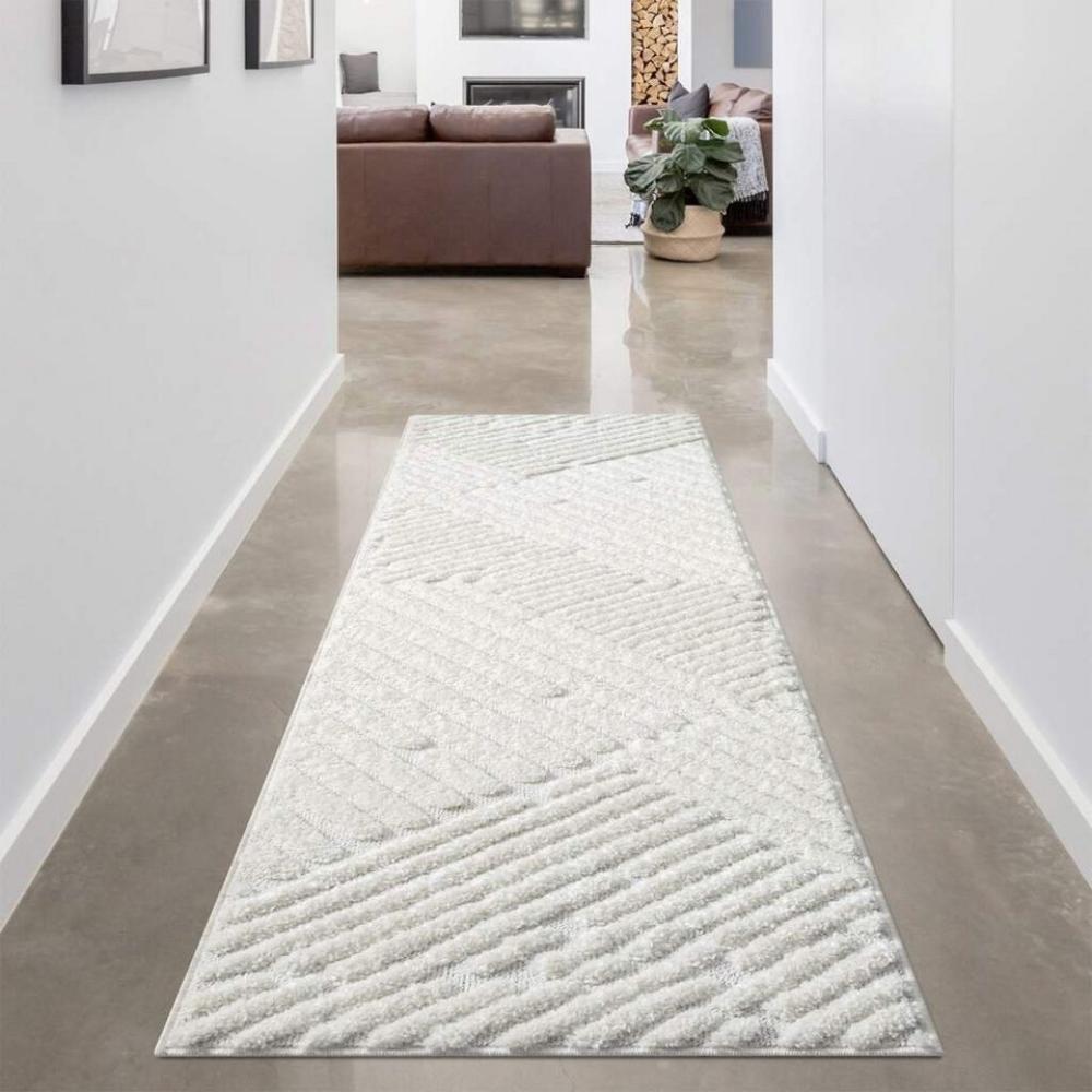 carpet city Teppich Läufer Hochflor Flur - 80x300 cm - Einfarbig Weiß/Creme - Hochtief-Muster/ 3D-Effekt Streifen - Shaggy Teppiche Wohnzimmer, Schlafzimmer Boho, Scandi Bild 1