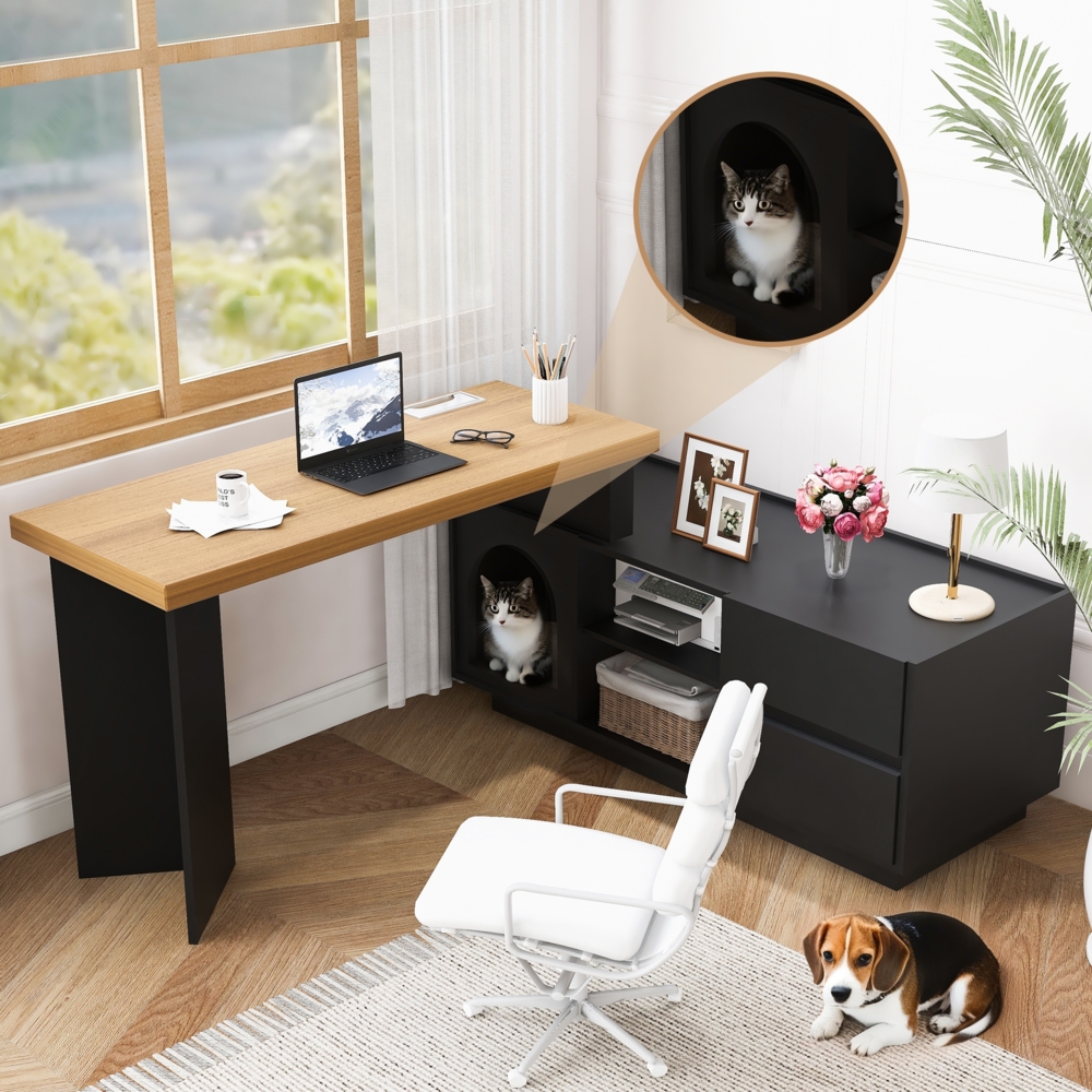 Merax 120cm Eckschreibtisch mit integriertem Tierhaus, L-förmig oder einteilig, flexible Montage, Eckschreibtisch für Home Office mit XL-Tierhöhle, Schwarz Bild 1
