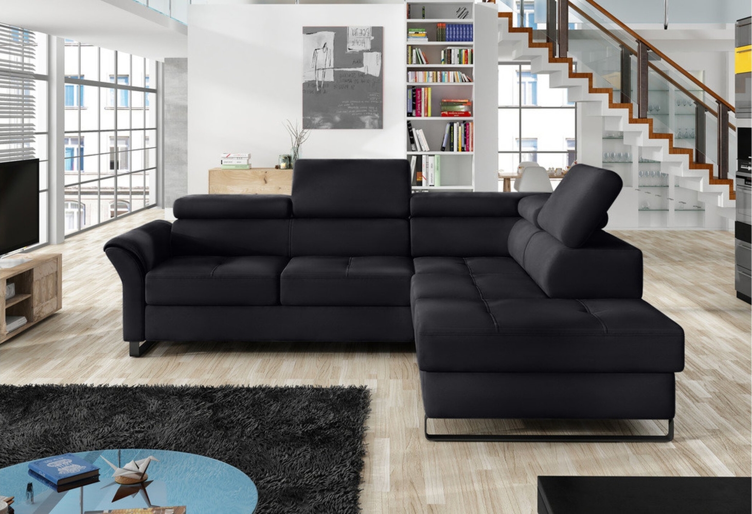 Stylefy Aventine Ecksofa Velours Schwarz Rechts Bild 1