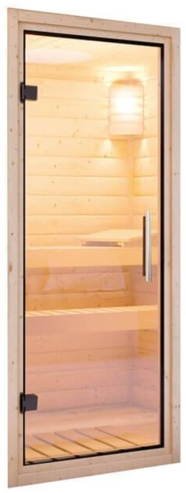 Karibu Sauna Nanja mit Dachkranz + 3,6kW Saunaofen mit ext. Steuerung Easy Klarglas Ganzglastür Bild 1