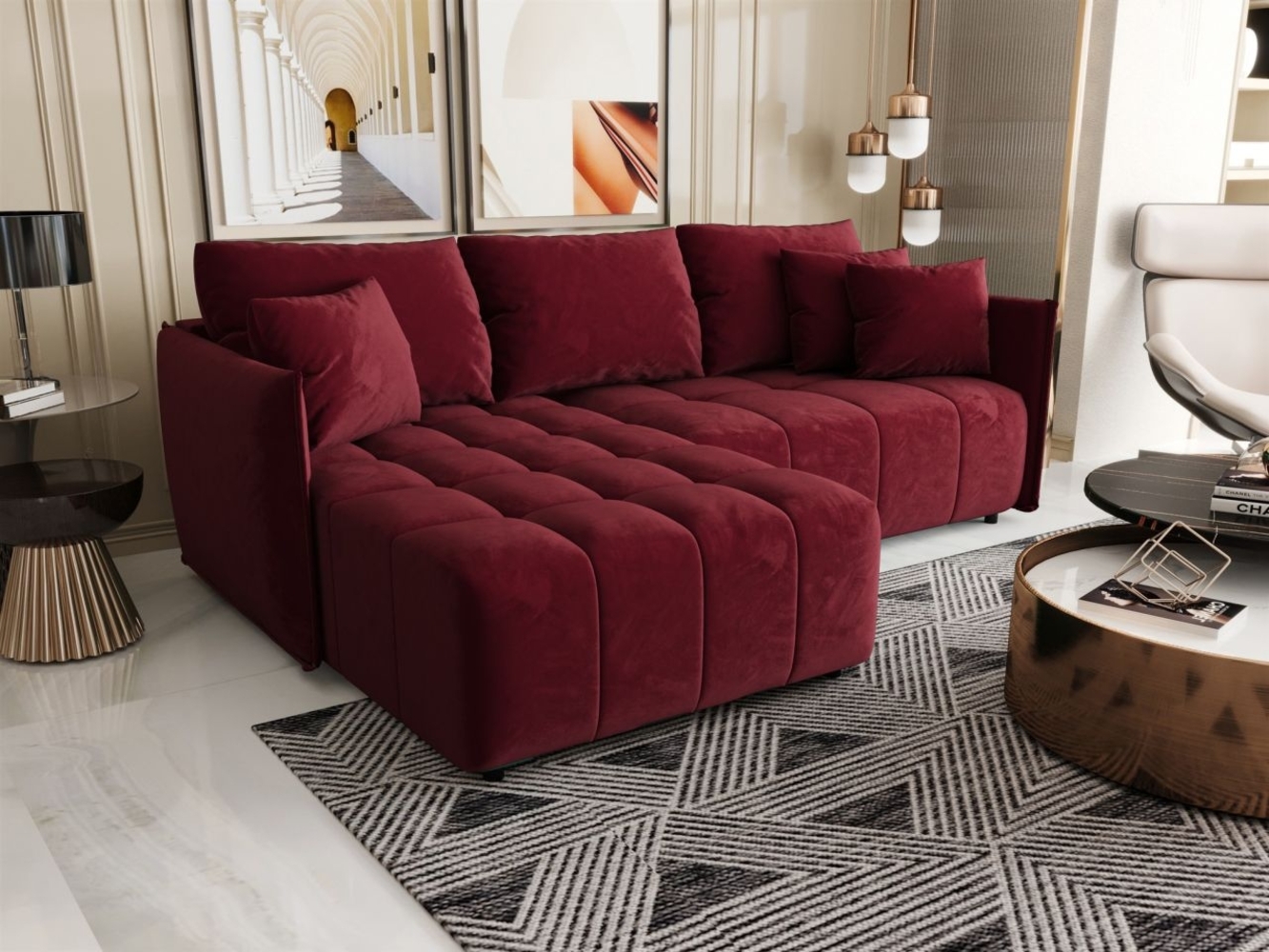 Ecksofa Schlafsofa TREVISO Stoff Monolith Bordeauxrot Ottomane Links Bild 1