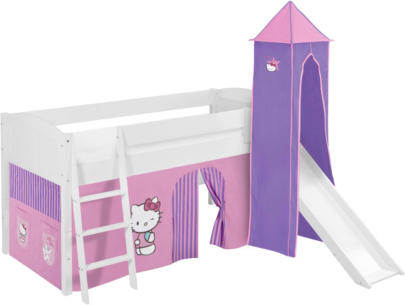 Lilokids 'Ida 4106' Spielbett 90 x 200 cm, Hello Kitty Lila, Kiefer massiv, mit Turm, Rutsche und Vorhang Bild 1