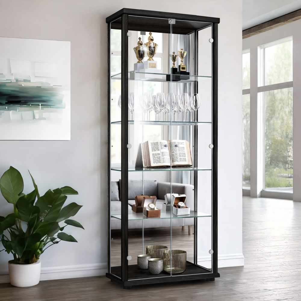 K-Möbel Glas Vitrinenschrank 2-türig (176x67x33cm) - Made in Germany - Standvitrine Schwarz mit 4 höhenverstellbaren Glasböden, Spiegel, Schloss & LED - Glasvitrine Stehend - Sammler Bild 1