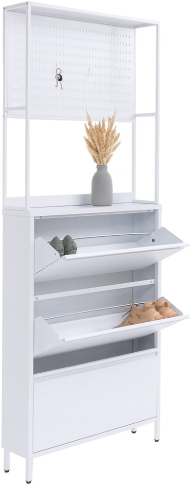 Schuhschrank HWC-O86, Schuhregal Schuhkipper, 3 Kippfächer Ablage Haken Metall 201x80x20cm ~ weiß Bild 1