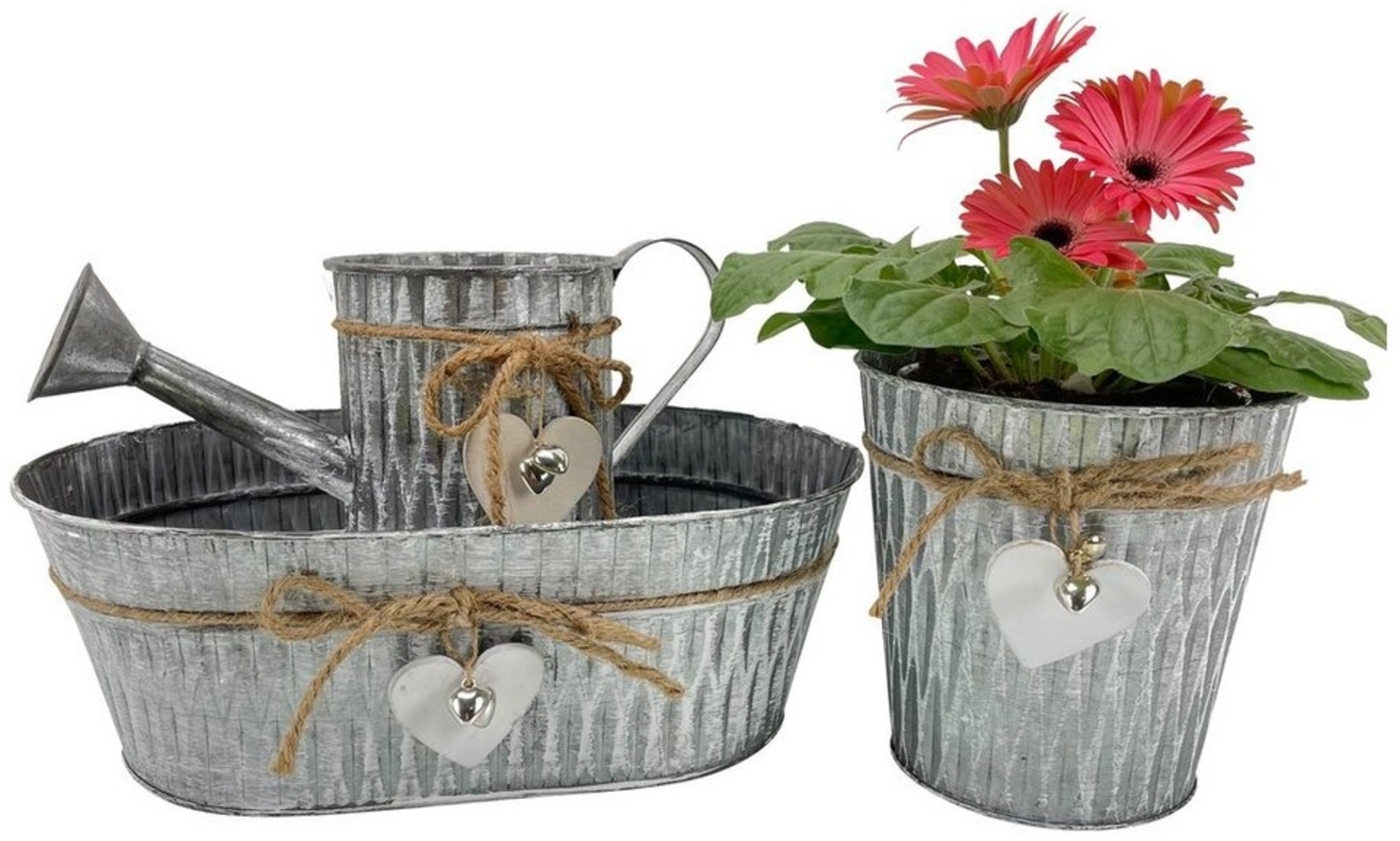 Online-Fuchs Blumentopf 3er Set mit Herz & Anhänger, Übertopf Blumenkasten Kräuter P75, Metall Optik Gießkann, oval und rund Bild 1