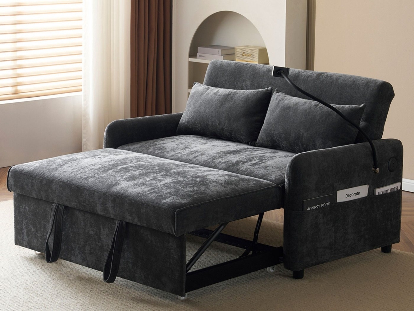 SeedWave Schlafsofa Modernes Chenille-Stoff Doppelschlafsofa, Schlafsofa mit Handyhalter, USB-Ladeanschluss und Verstellbarer Rückenlehne Bild 1