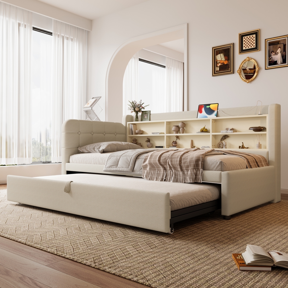 Daybett, Multifunktionales Ausziehbett-Design, USB + Typ C, mehrere Ablageflächen, Bett mit Lattenrost (ohne Matratze), Leinen, Beige, 90×200 cm Bild 1