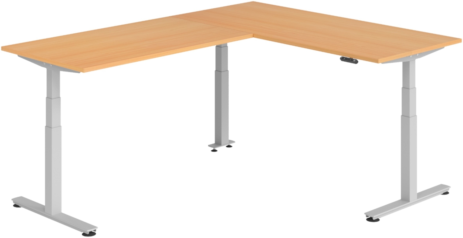 bümö Eckschreibtisch elektrisch höhenverstellbar L-Form: 180 x 240 cm in Buche, Gestell silber - Stehschreibtisch mit Memory-Steuerung, elektrischer XXL Schreibtisch für die Ecke, XDSMW-1916-6-S Bild 1