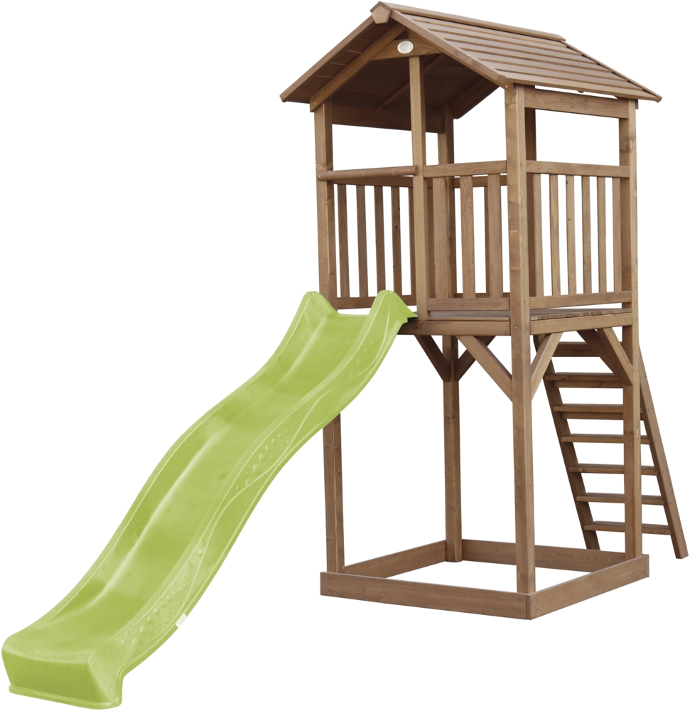 AXI Beach Tower Spielturm aus Holz in Braun Spielhaus für Kinder mit hellgrüner Rutsche und Sandkasten | Braun, limettengrün | Holz | 349 cm Bild 1