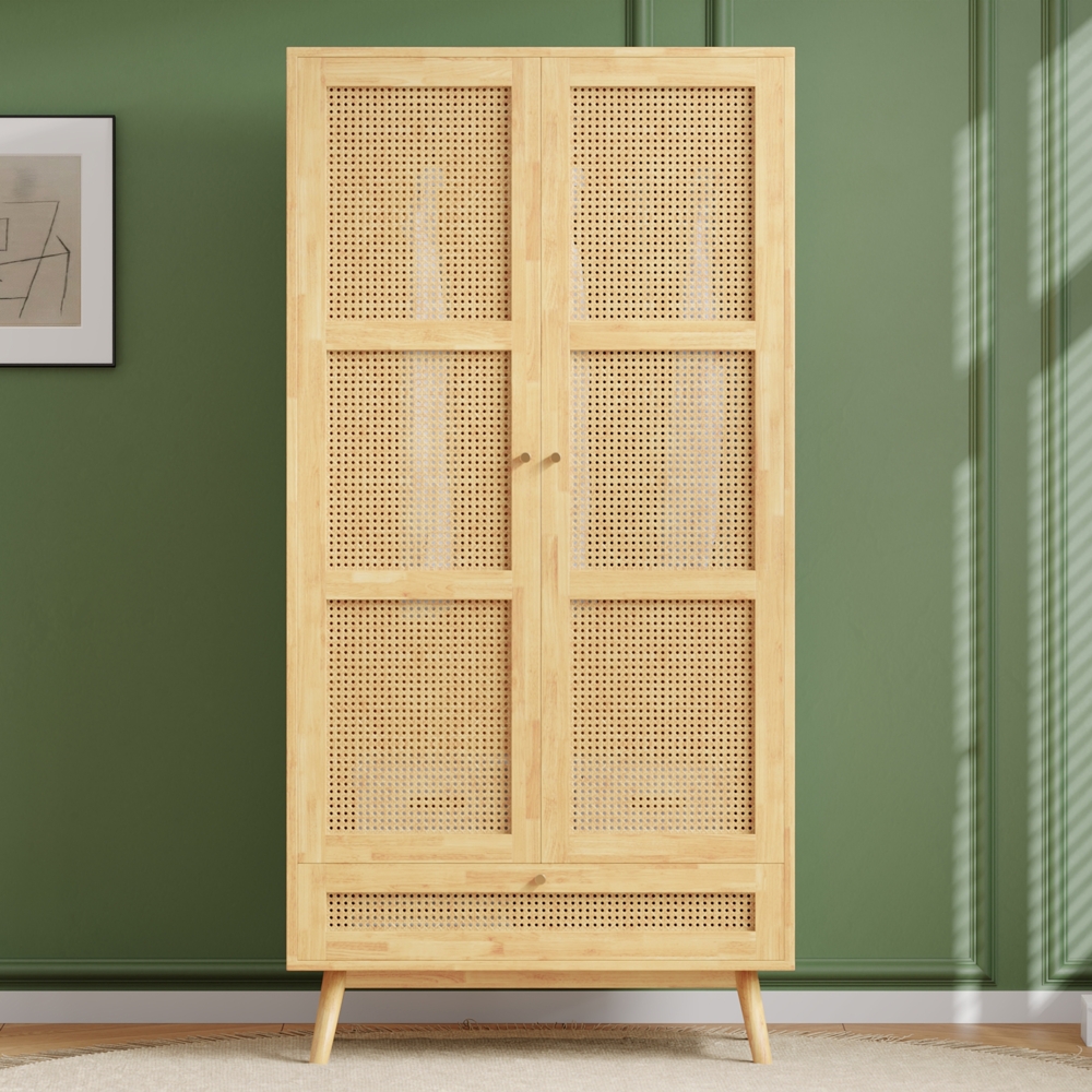 Merax Kleiderschrank 2-türig mit Stange, Spanplatten + PE-Rattan, Natur, 87 x 50 x 176 cm Bild 1