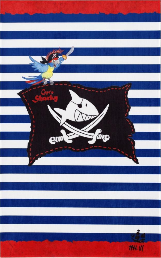 Kinderteppich- Der Pirat "Captin Sharky" und seine Freunde, die Flagge mit gestreiften Hintergrund, Spielteppich 80cm x 150cm Bild 1